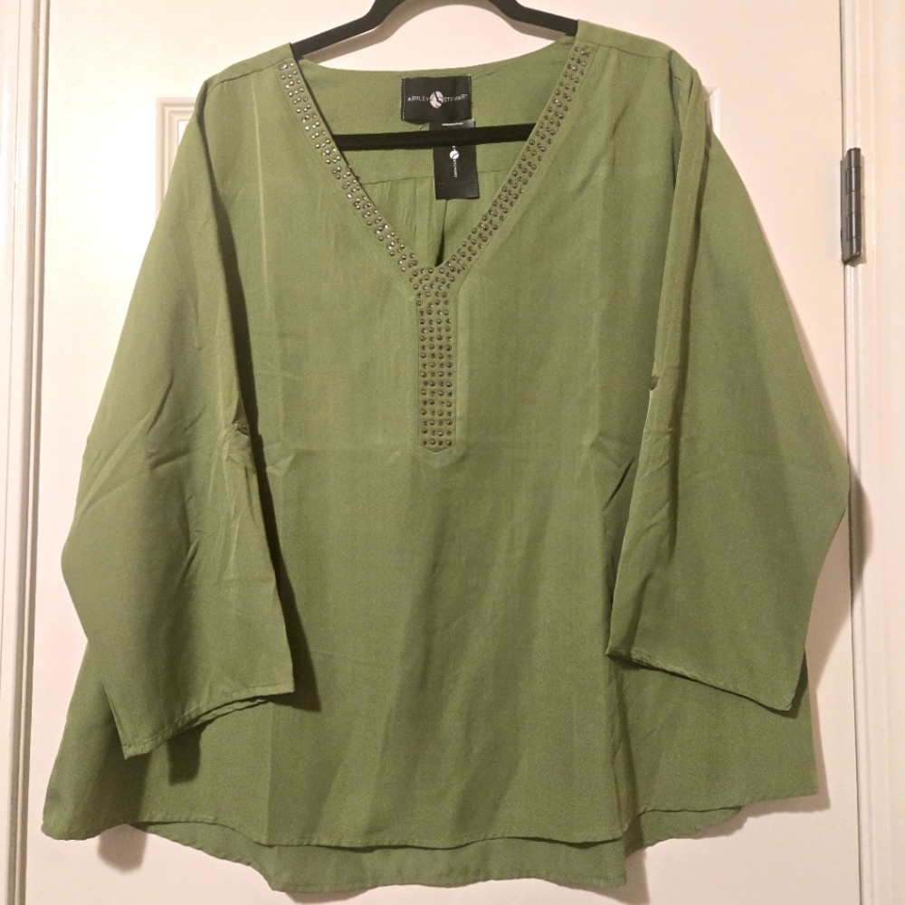 Ashley Stewart Green Tunic with Embellished Neckline, Size 1X